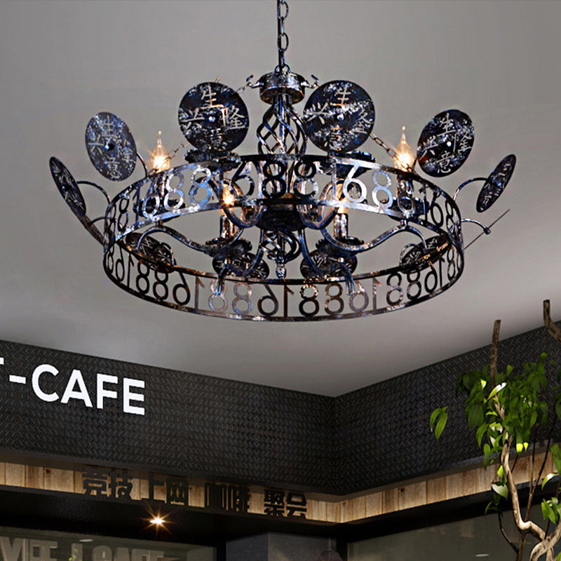 6-Light Wagon Wheel Chandelier Light Traditional Black Metal Suspension Pendant for Cafe