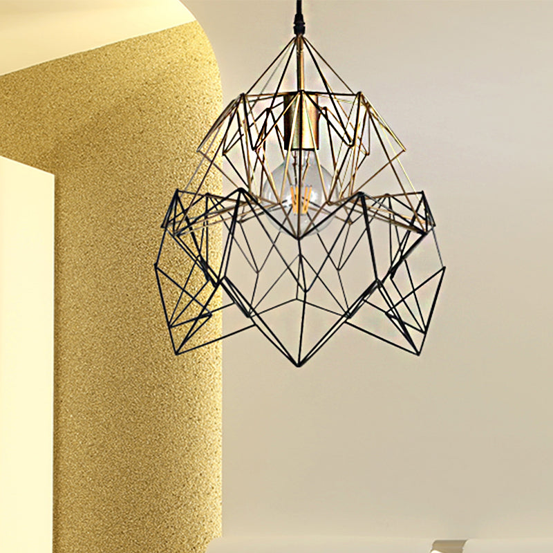 1 Light Geometric Cage Pendant Lighting Traditional Black and Gold Metal Hanging Light Fixture