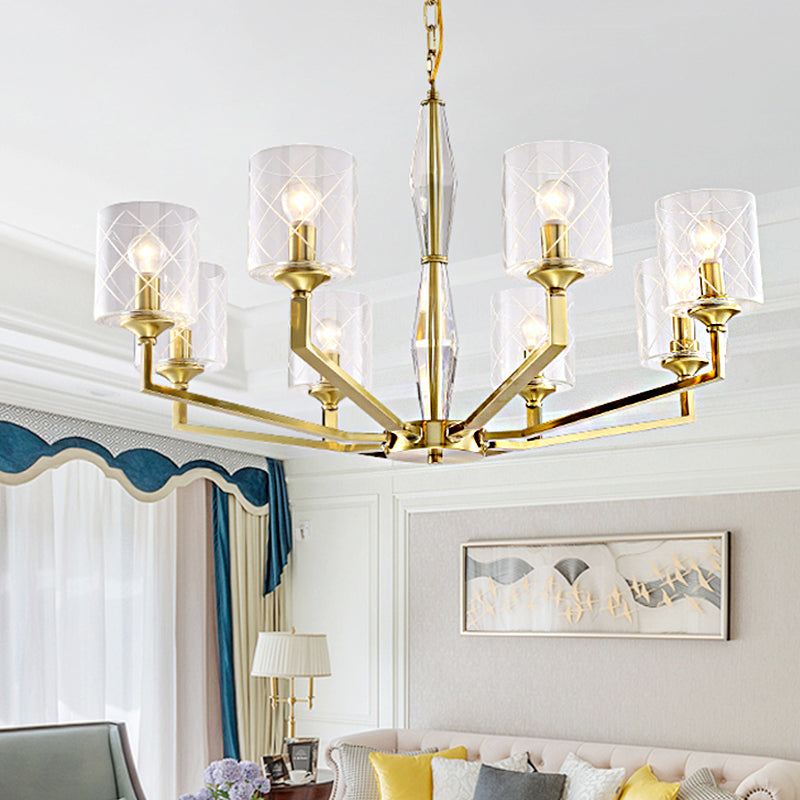 Cylinder Living Room Ceiling Chandelier Traditional Clear Glass 6/8 Light Brass Hanging Fixture
