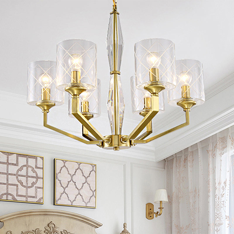 Cylinder Living Room Ceiling Chandelier Traditional Clear Glass 6/8 Light Brass Hanging Fixture