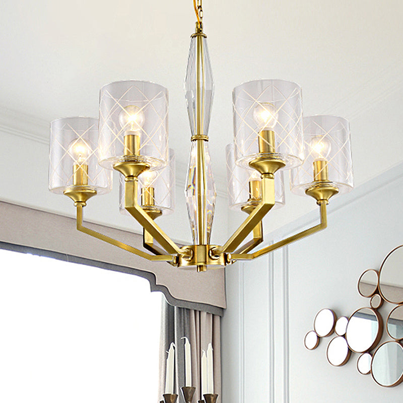 Cylinder Living Room Ceiling Chandelier Traditional Clear Glass 6/8 Light Brass Hanging Fixture