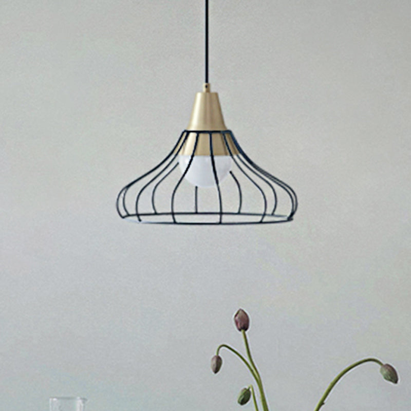 Iluminación colgante de cono de metal 1 Lámpara de techo colgante de luz con tono de jaula de alambre blanco/negro, 9 "/13" de ancho