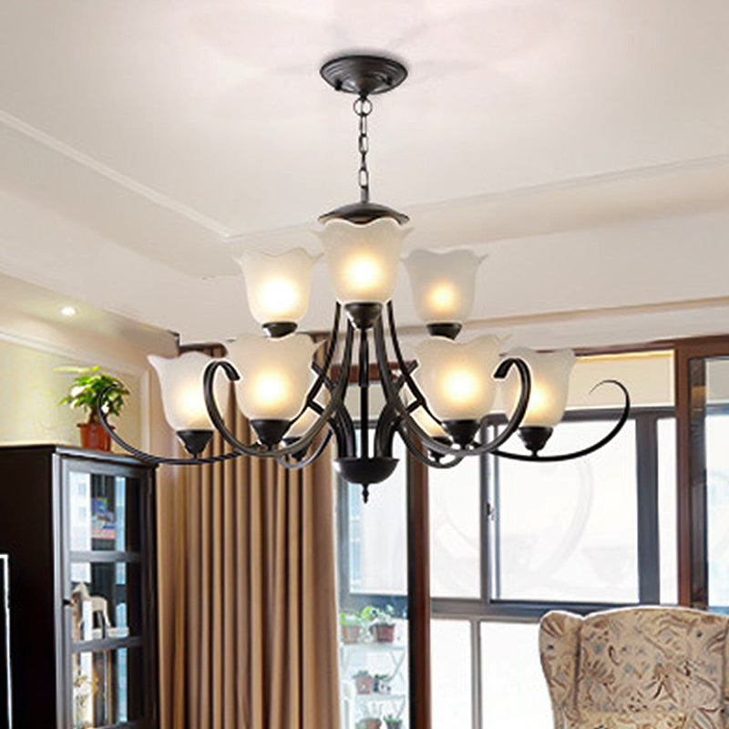 3/6/8 Lights Flared Chandelier Traditional Pewter Frosted Glass Pendant Light Fixture for Living Room