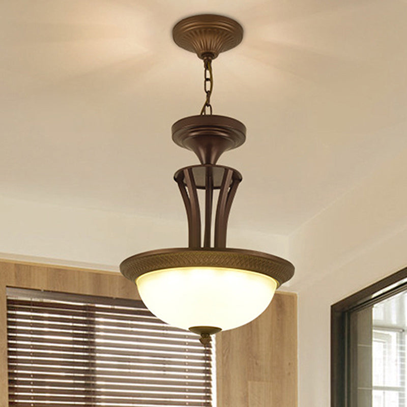 3 Light Chandelier Light with Bowl White Glass Shade Traditional Living Room Ceiling Lamp in Bronze