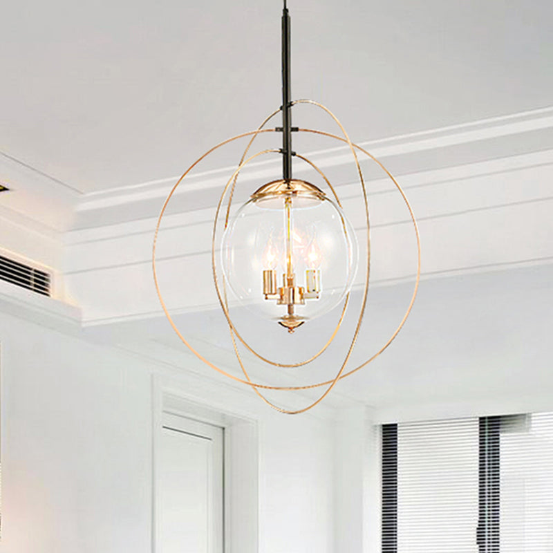 Globe Clear Glass Chandelier Lighting Traditional 3 Light Dining Room Pendant Lighting in White with Ring Design