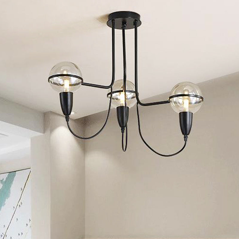 3 Lights Ceiling Lighting Traditional Globe Clear Glass Cluster Pendant in Black for Bedroom