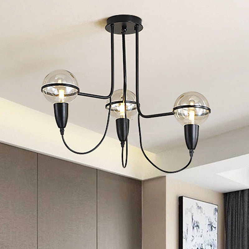 3 Lights Ceiling Lighting Traditional Globe Clear Glass Cluster Pendant in Black for Bedroom