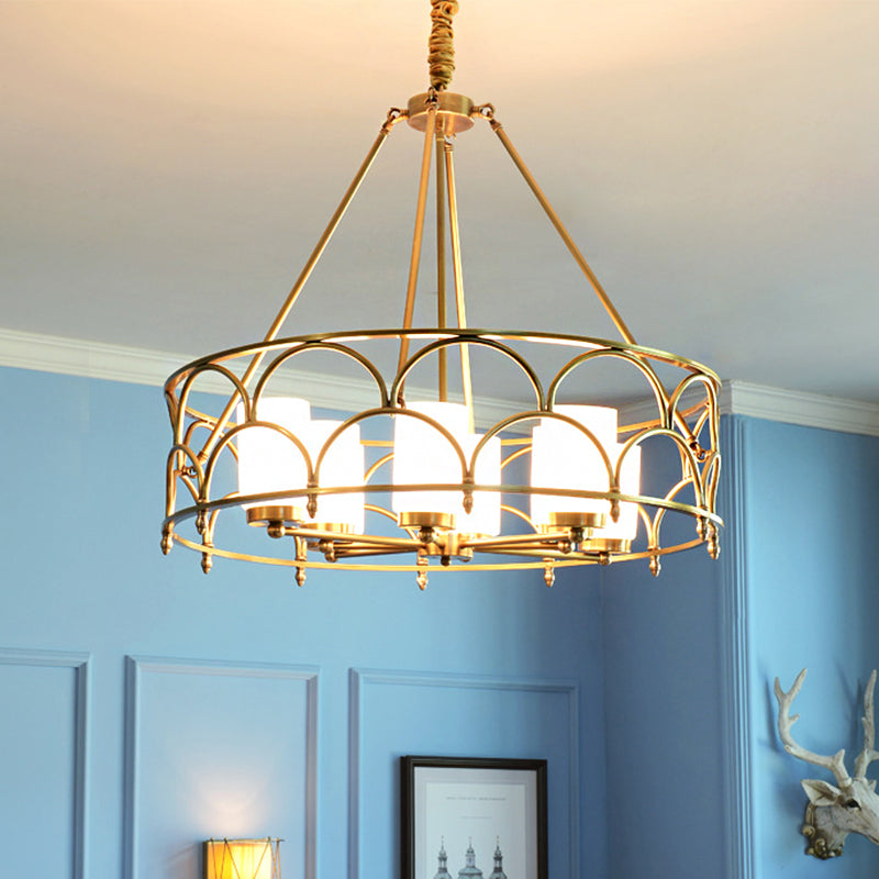 Cylinder Chandelier Modern Metal 4/8 Bulbs Hanging Ceiling Light in Brass with Frosted Glass Shade