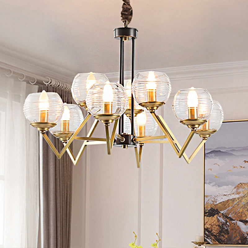 Gold 9/12 Lights Pendant Chandelier Traditional Clear Ribbed Glass Globe Hanging Light for Living Room