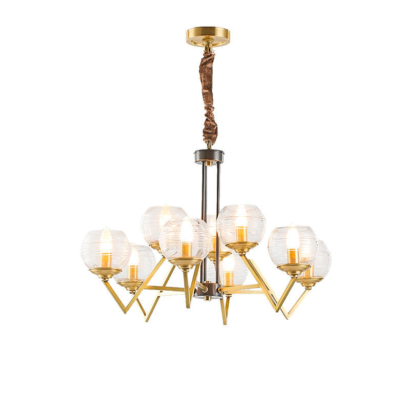 Gold 9/12 Lights Pendant Chandelier Traditional Clear Ribbed Glass Globe Hanging Light for Living Room