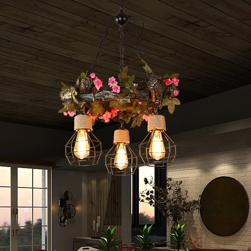 Industriële bol plafond kroonluchter 3 bollen metalen led hangende verlichtingsarmatuur in rood/roze/groen met bloem/plant/esdoornblad