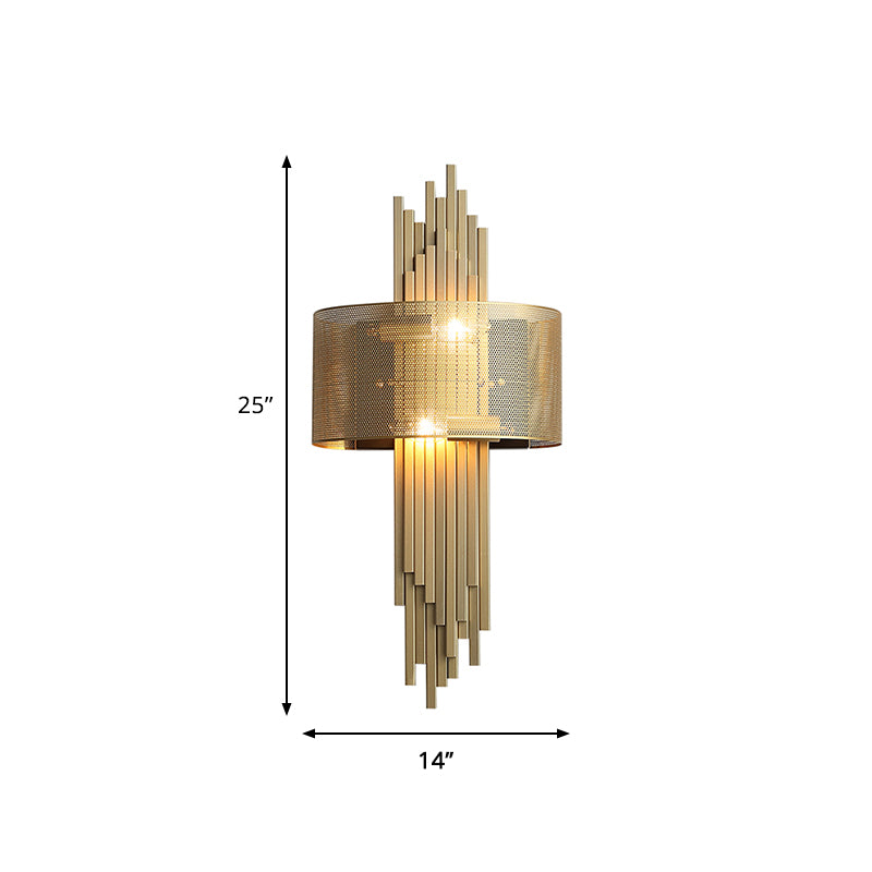 Linear Metal Sconce Lamp Post Modern 2-Head Gold Finish Wall Lamp Fixture with Drum Mesh Shade