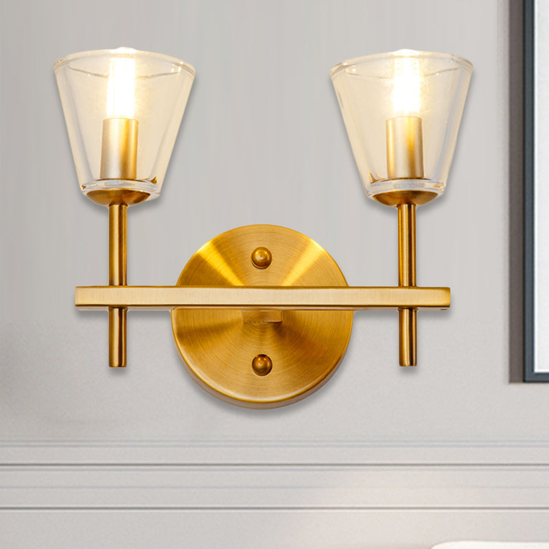 1/2-Light Clear Glass Wall Light Modern Style Gold Cone Bedroom Wall Sconce with Clean-Lined Arm