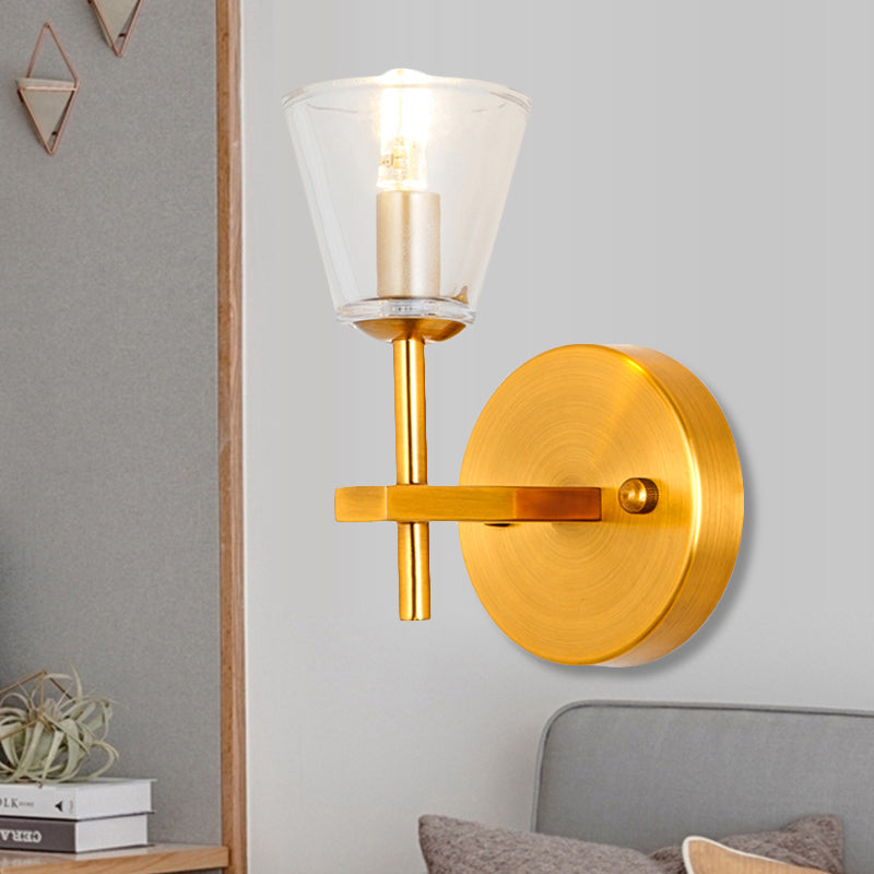 1/2-Light Clear Glass Wall Light Modern Style Gold Cone Bedroom Wall Sconce with Clean-Lined Arm