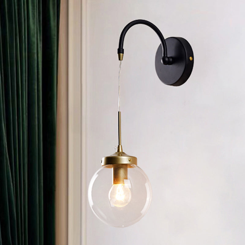 1-Light Clear Glass Wall Sconce Traditional Black Globe Shade Dining Room Sconce Light with Arched Arm