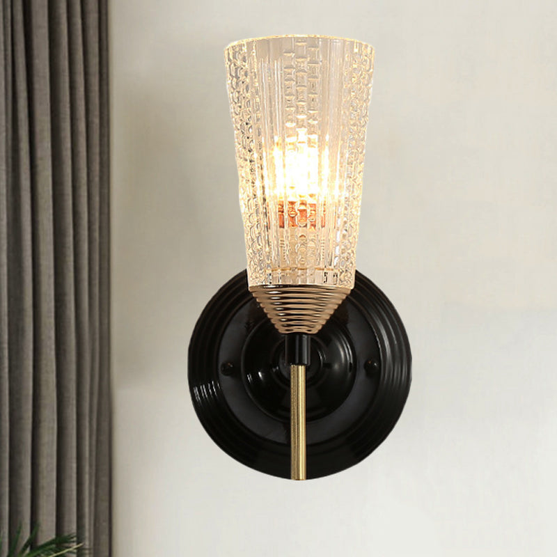 1/2-Light Wall Mounted Light Traditional Conical Clear Textured Glass Wall Sconce in Black for Foyer