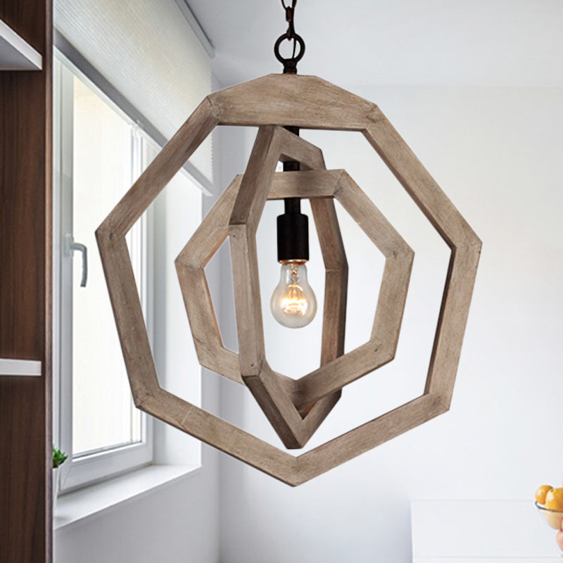 1 Light Pendant Lamp with Heptagon Grey/White/Beige Wood Frame Industrial Hallway Hanging Lamp Kit