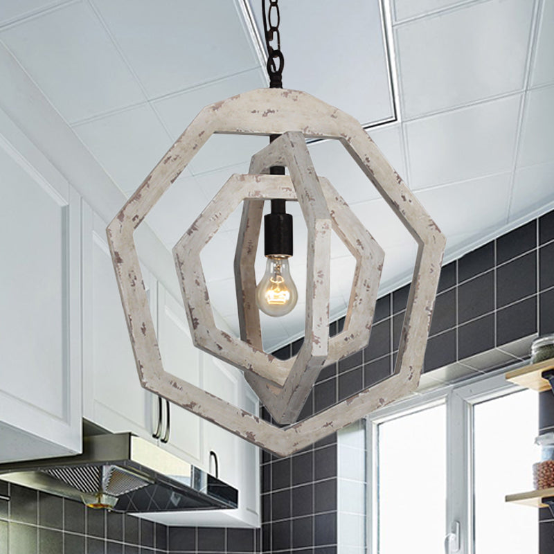 1 Light Pendant Lamp with Heptagon Grey/White/Beige Wood Frame Industrial Hallway Hanging Lamp Kit