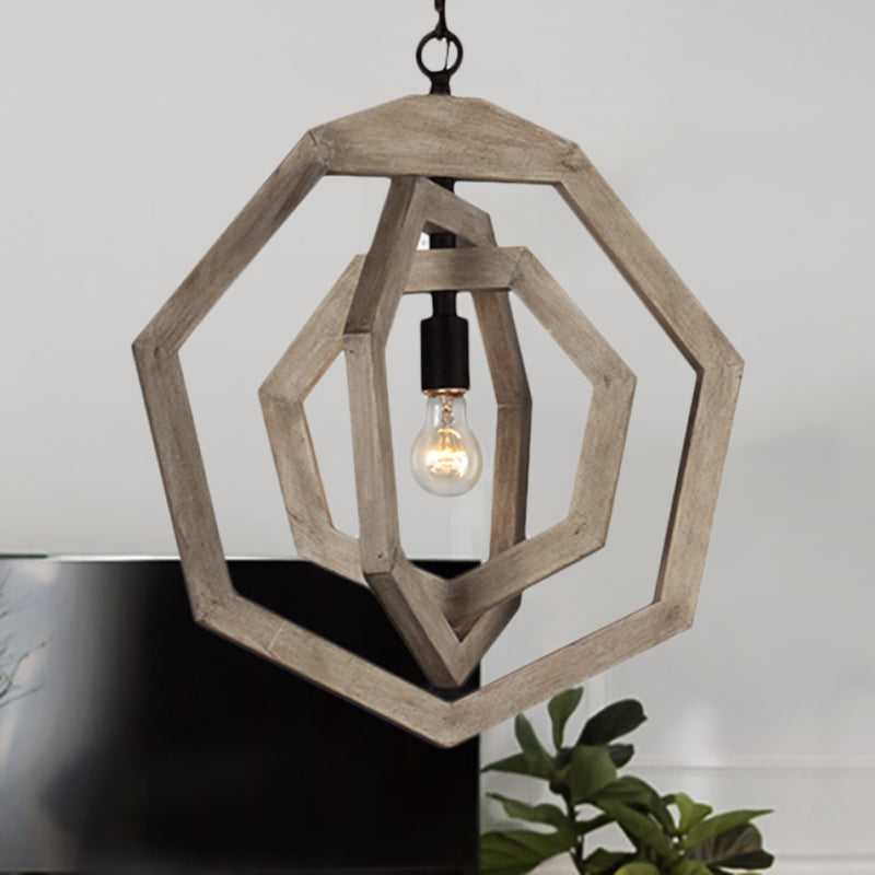 1 Light Pendant Lamp with Heptagon Grey/White/Beige Wood Frame Industrial Hallway Hanging Lamp Kit