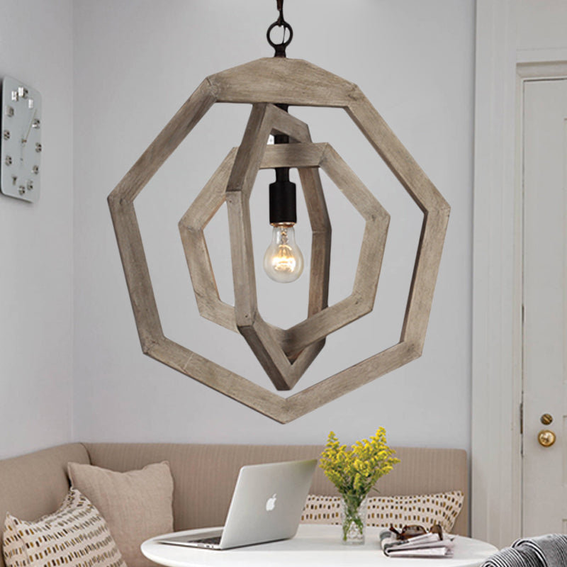 1 Light Pendant Lamp with Heptagon Grey/White/Beige Wood Frame Industrial Hallway Hanging Lamp Kit