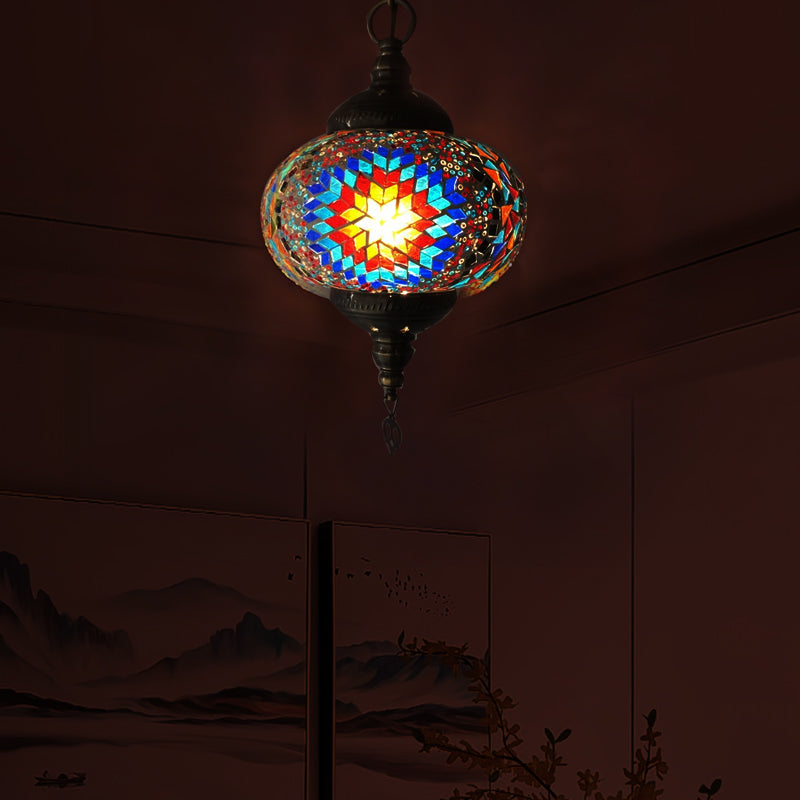 Global Hanging Lamp Traditional 1/2 Heads Red/Blue/Red-Blue Glass Ceiling Pendant Light for Living Room