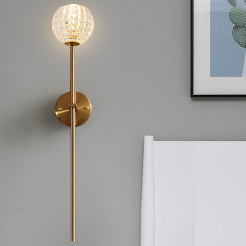 1-Light Wall Lamp Simple Globe/Cone Clear Grid Glass Sconce Light with Clean-Lined Arm in Gold for Hallway