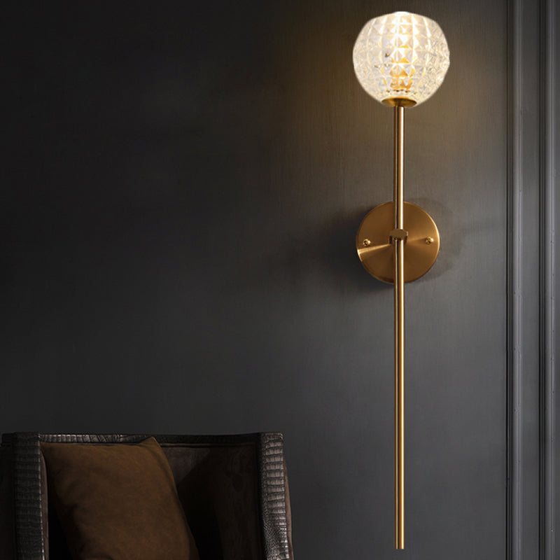 1-Light Wall Lamp Simple Globe/Cone Clear Grid Glass Sconce Light with Clean-Lined Arm in Gold for Hallway