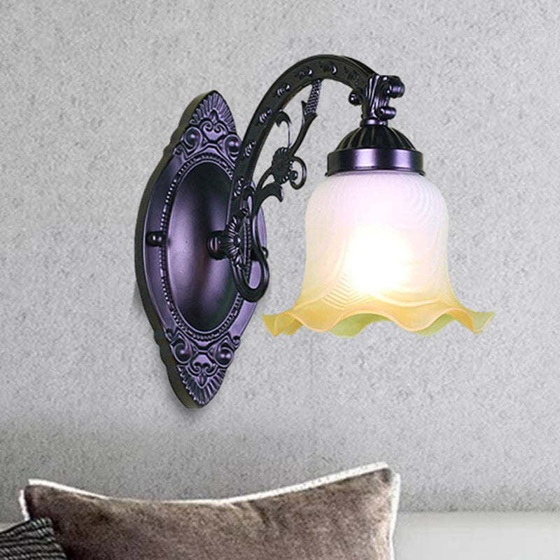 Floral Bedroom Wall Lighting Retro Frosted Glass 1/2 Lights Black Wall Sconce Light with Metal Curvy Arm