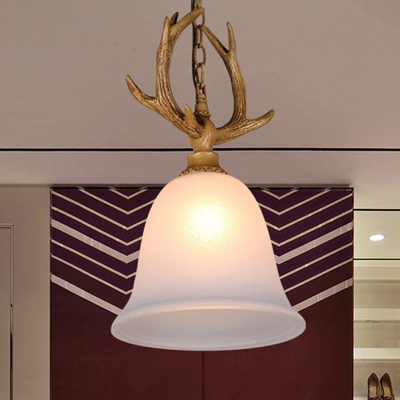 1 Light Bell Ceiling Pendant Light Rustic White Glass Hanging Lamp with Elk Design