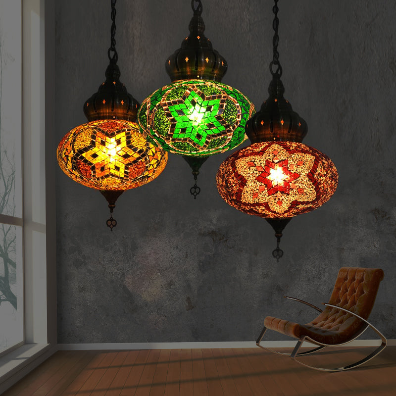Lantern Red/Green/Gold Glass Suspension Light Retro 1/3 Heads Ceiling Pendant Light for Restaurant