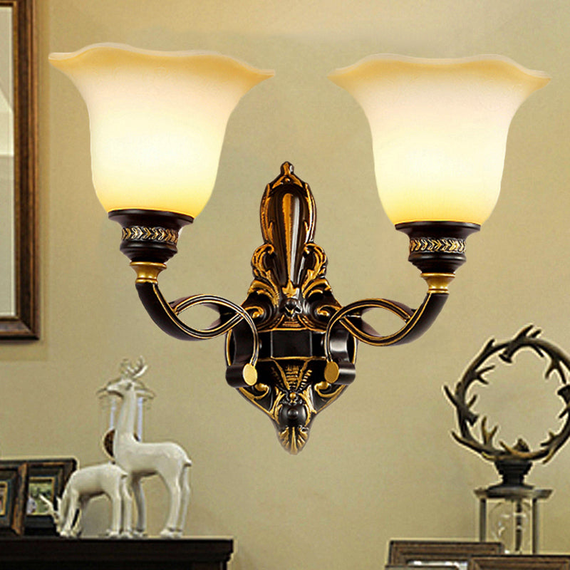 Black Blossom Wall Mounted Light Traditional White Glass Shade 1/2-Light Bedroom Wall Sconce with Metal Curvy Arm