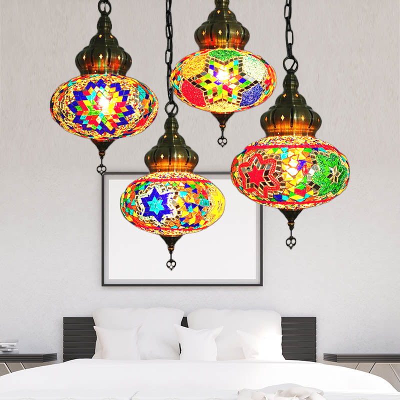 1/4 Bulbs Coffee House Pendant Lamp Retro Ceiling Light Fixture with Spherical Colorful Glass Shade