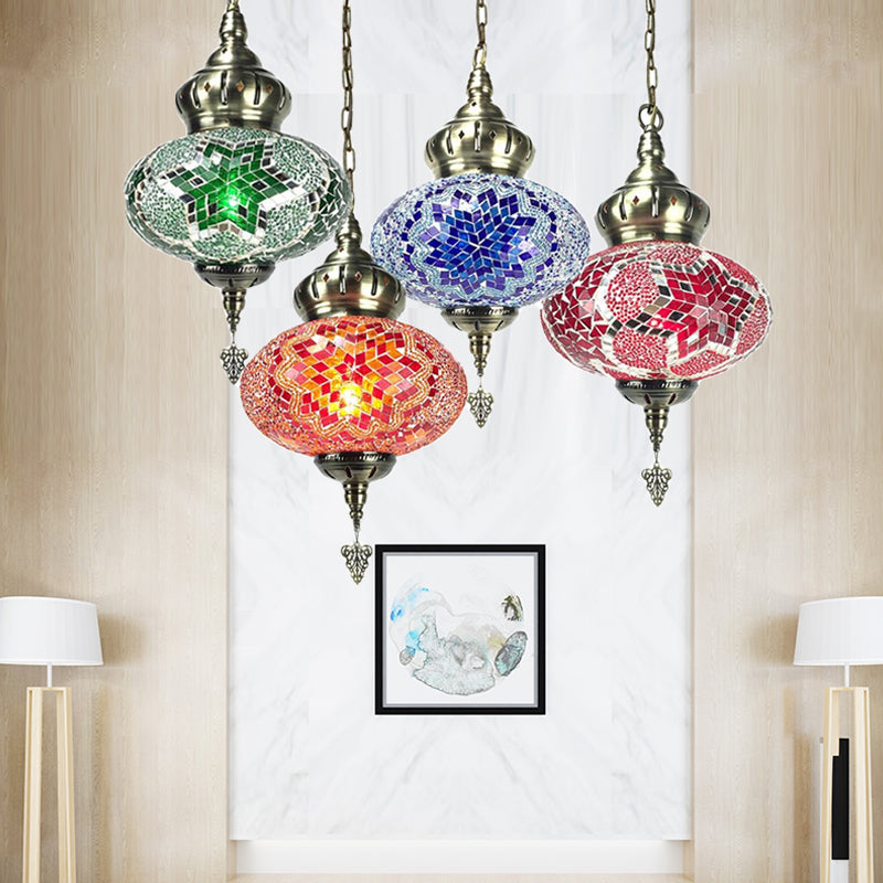 1/4 Bulbs Globe Ceiling Light Traditional Red/Orange/Blue Glass Pendant Lighting Fixture for Living Room