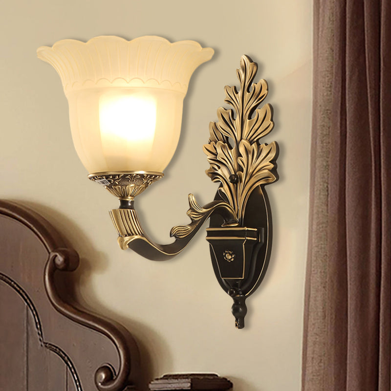 1/2-Light Wall Sconce Traditional Blossom Frosted Glass Sconce Light with Curvy Arm in Black for Hallway
