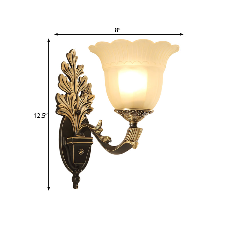 1/2-Light Wall Sconce Traditional Blossom Frosted Glass Sconce Light with Curvy Arm in Black for Hallway