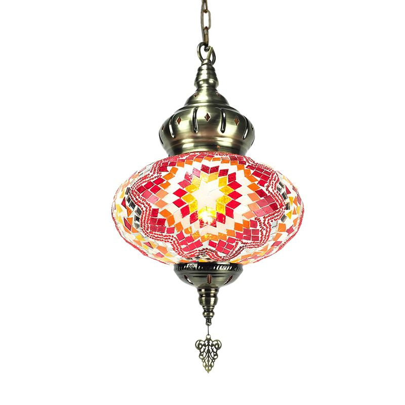 Vintage Lantern Suspension Pendant Red/Blue/Rose Red Glass 1/3 Heads Hanging Light Fixture with Carved Metal Drop