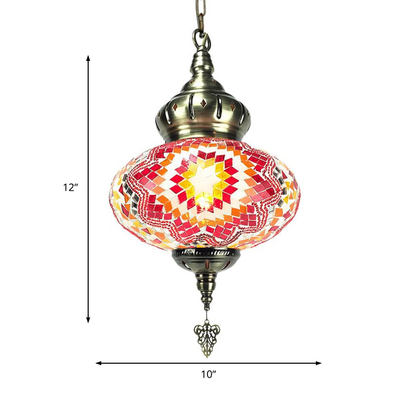 Vintage Lantern Suspension Pendant Red/Blue/Rose Red Glass 1/3 Heads Hanging Light Fixture with Carved Metal Drop
