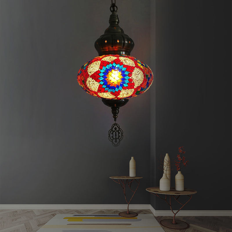 Vintage Lantern Suspension Pendant Red/Blue/Rose Red Glass 1/3 Heads Hanging Light Fixture with Carved Metal Drop