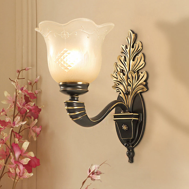 1/2-Light Wall Light Fixture Vintage Blossom Carved Glass Wall Sconce with Curved Arm in Black for Living Room