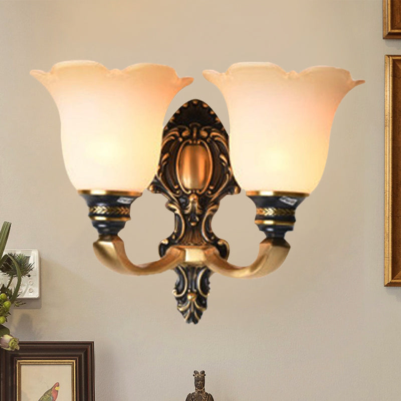 Floral Bedroom Wall Sconce Light Traditional White Glass 1/2-Light Brass Wall Lamp with Metal Curvy Arm