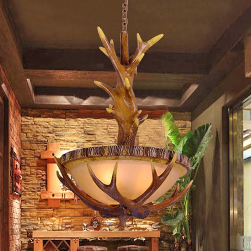 Brown 3 Lights Pendant Lighting Fixture Country Style Frosted Glass Bowl Hanging Ceiling Light with Elk Design