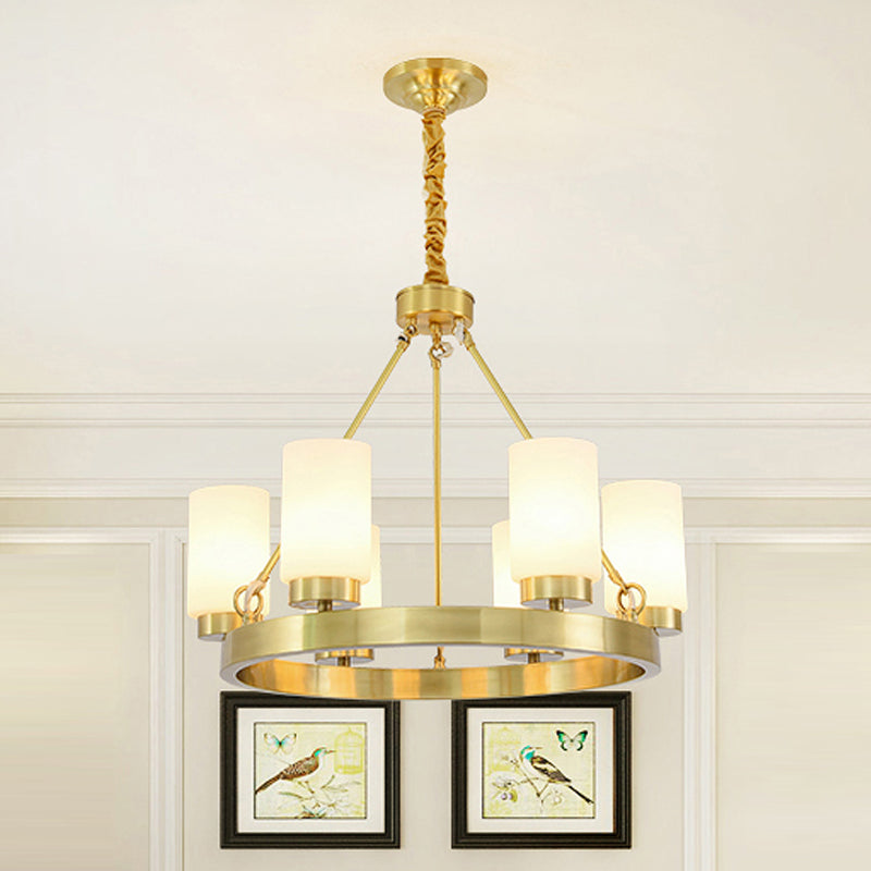 Wagon Wheel Grosted Glass Chandelier Light Classic Classic 4/6 Lumières Éclairage pendentif chambre en or avec nuance de cylindre