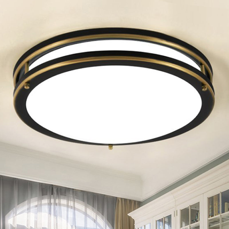 Black/Brass LED Ceiling Mount Traditional White Glass Drum Flush Light Fixture for Corridor in Warm/White Light, 12"/16" W