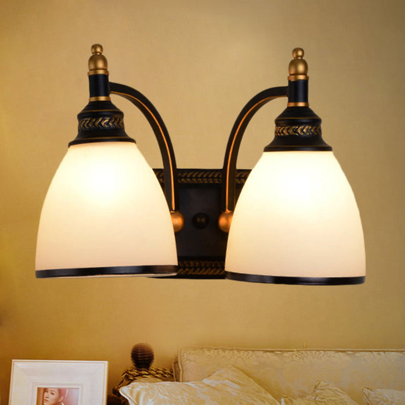 Metal Dome Wall Light Sconce Vintage Style 1/2-Head Living Room Wall Lamp with White Glass in Black
