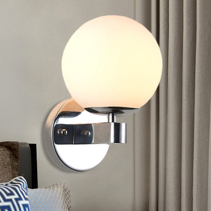 Single Bulb Wall Mounted Light with Sphere Opaline Glass Vintage Style Bedroom Wall Sconce in Chrome/Gold