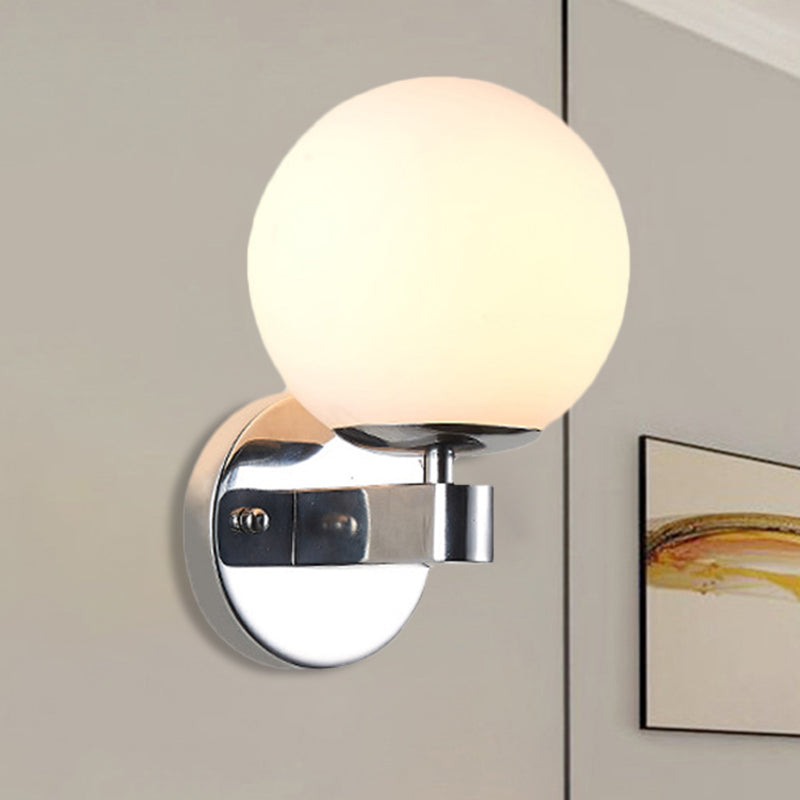 Single Bulb Wall Mounted Light with Sphere Opaline Glass Vintage Style Bedroom Wall Sconce in Chrome/Gold
