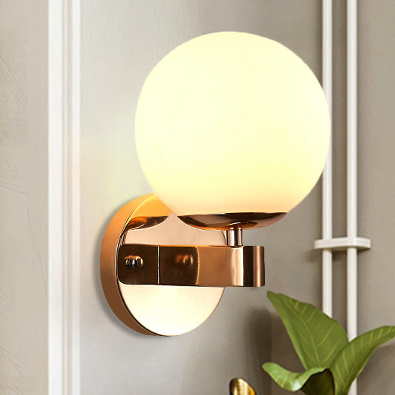 Single Bulb Wall Mounted Light with Sphere Opaline Glass Vintage Style Bedroom Wall Sconce in Chrome/Gold