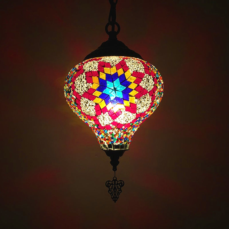 1/6 Bulbs Coffee House Suspension Pendant Tradition Bronze Hanging Light Kit with Droplet Colorful Glass Shade