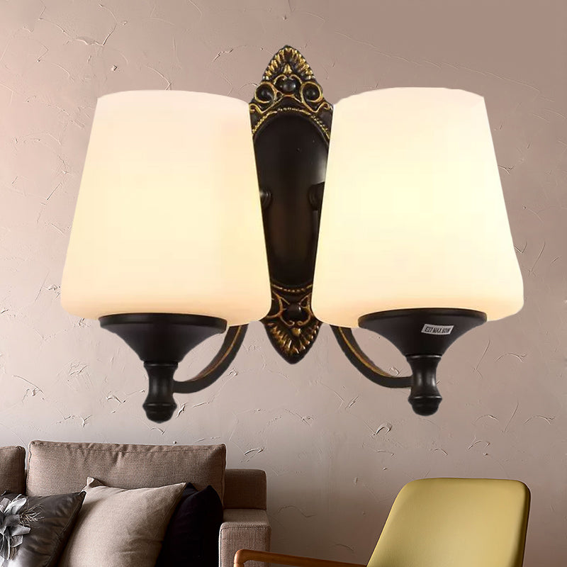Retro Conical Sconce Light Fixture 1/2-Light White Glass Wall Mounted Light with Metal Curved Arm in Black