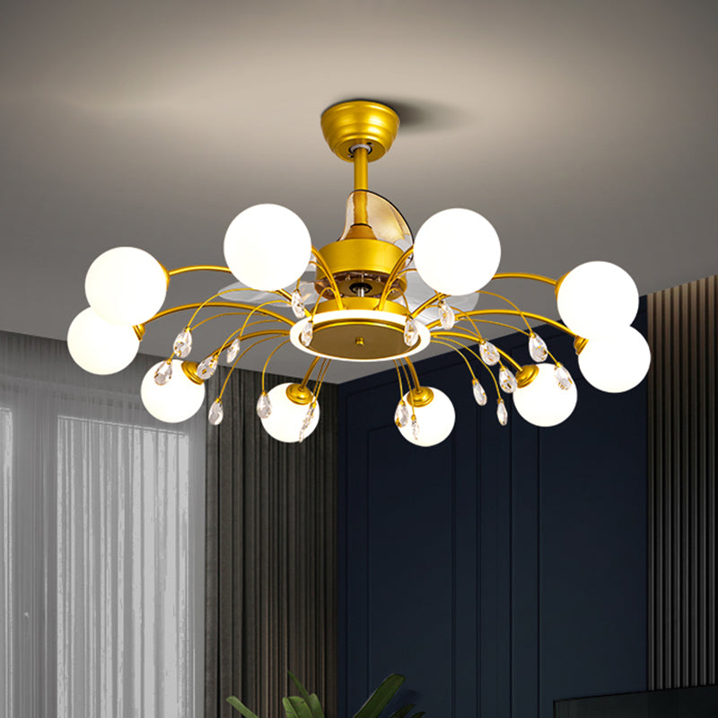 3 Blades Ball Wohnzimmer Anhänger Lüfter Leicht weißes Glas Postmoderne Fernbedienung Halbblütiglicht mit K9 -Kristallen